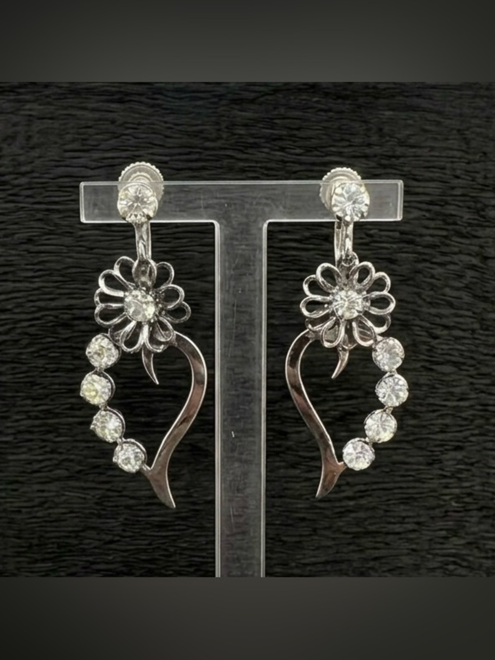 Vintage 50s Rhinestone Flower Open Heart Dangle Silver Tone Screw Back Earrings